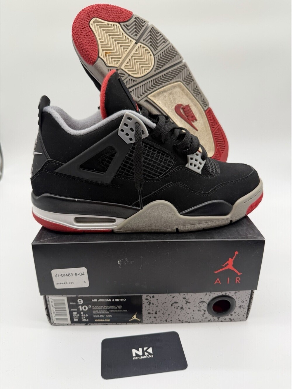 Air Jordan 4 Retro Bred 2019 OG Black Fire Red Cement Grey 308497-060 Size 9